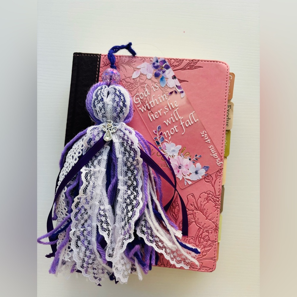Handmade Bible tassel with customized acrylic bookmark.